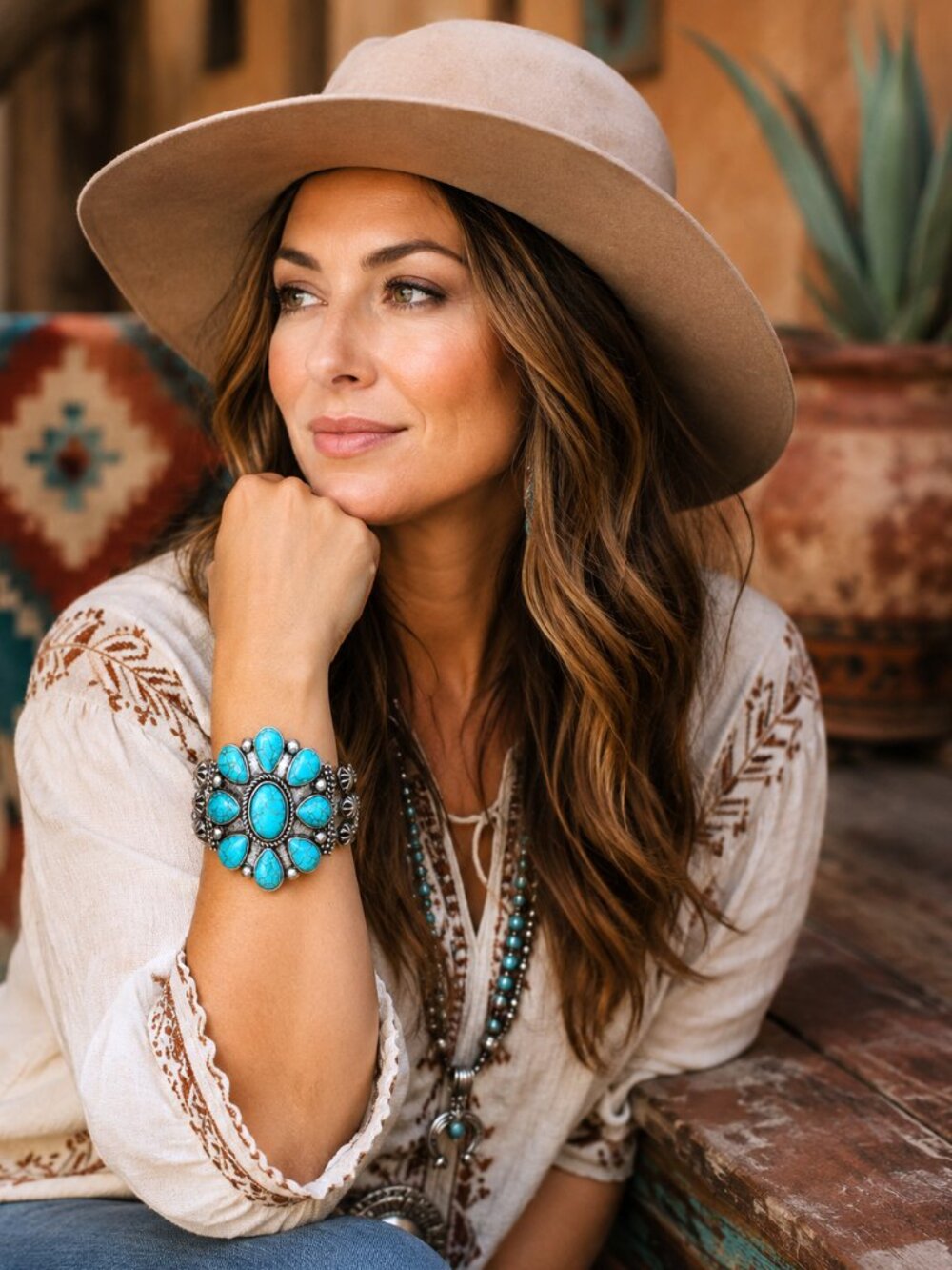 Southwestern Turquoise Concho Leopard Faux Fur Cuff Bracelet Boho Western NWT